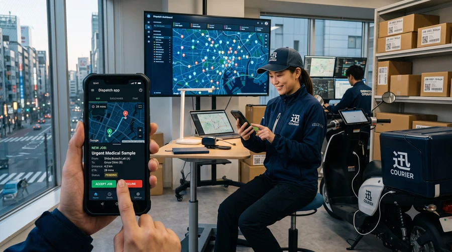 Courier driver accepting a job on a phone app