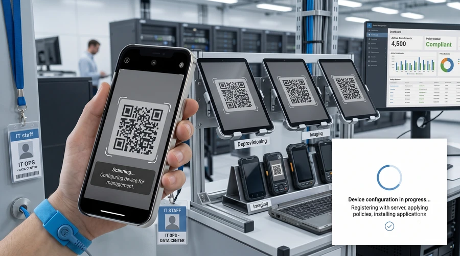 Android tablet displaying a QR provisioning code