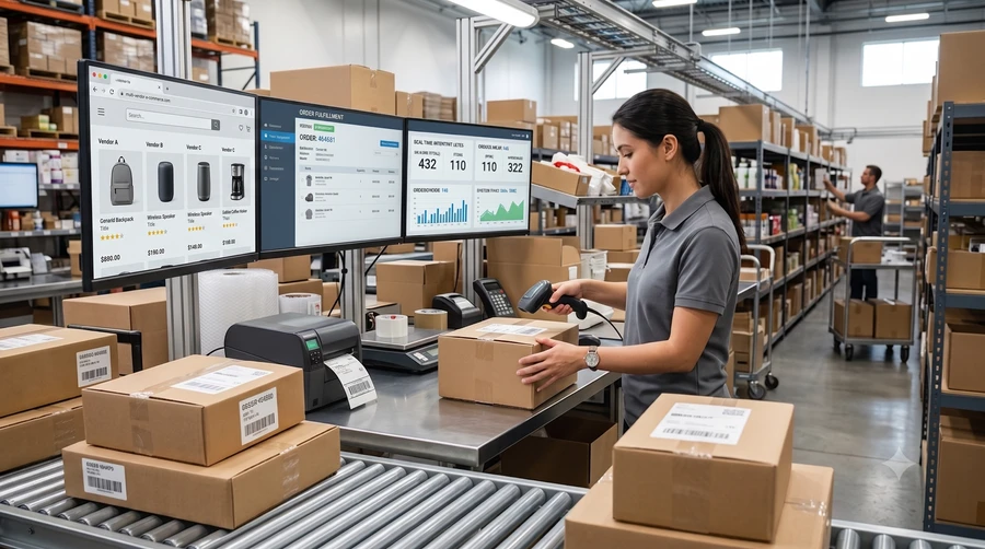 E-commerce packing station with parcels