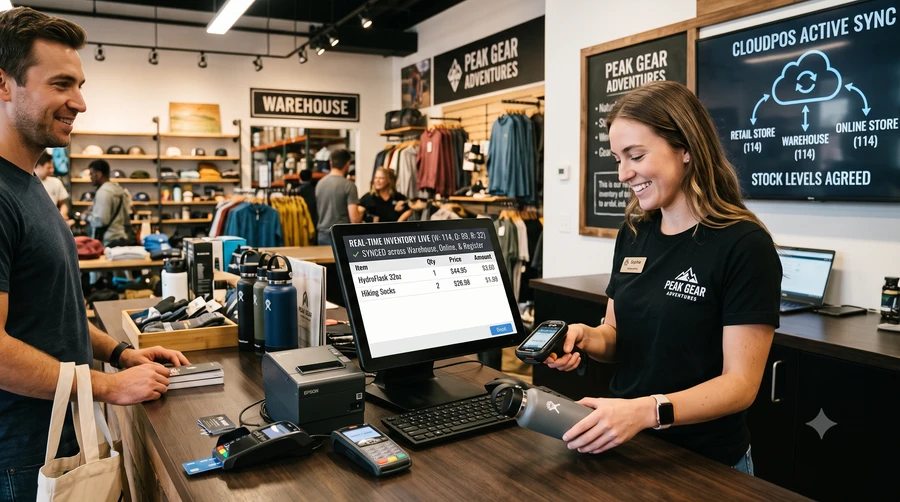 Retail counter with POS screen and barcode scanner
